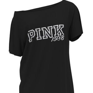 PINK Victoria's Secret Black Off-Shoulder Tee with 'PINK 1986' Print